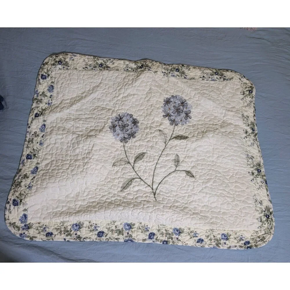 Vintage Quilted Hydrangea Pillow Sham Set of 2 Embroidered Cottagecore Bedding